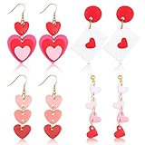 Meanplan 4 Pairs Women Valentine‘s Day Earrings Heart Clay Handmade Dangle Earrings Colorful Creative Funny Valentine‘s Day Accessories for Women