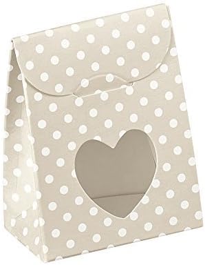 Decorative Gift Favor Box with Lid Heart Cutout, Set of 12, Best Designer Quality for Birthday, Wedding, Parties, Easy Fold, No Assembly Required, by Giovanni Grazielli, Tan/White Polka Dot (6.0 x 3.5 x 8.0 cm)