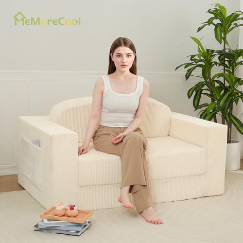 Sofá cama pequeño convertible de pana beige MeMoreCool para pisos 3
