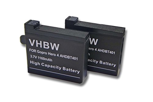 vhbw 2X Batería Compatible con GoPro HD Hero 4 Black, 4 + Plus, 4 Black Edition Music cámara de vídeo (1160 mAh, 3,7 V, Li Ion)