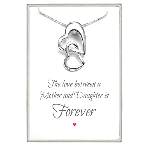 Double Heart Necklace, Sterling Silver Heart Necklace, Mother Gift Necklace, Gift for Daughter, Gift for Son, Mother Daughter Necklace, Mother Son Necklace Sterling Silver (Mother and Daughter)