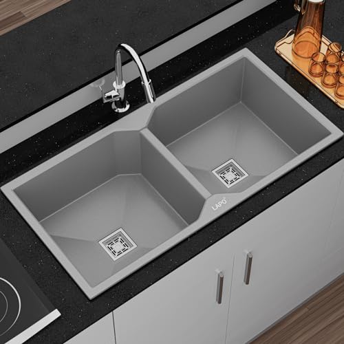 Image of LAPO Granite Double Bowl Kitchen Sink | 37x18 Inches with Tap Hole | UV Resistant Surface & Low Noise Water Splash | Includes Waste Pipe, Coupling & Basket | 3 Years Warranty (Grey Metallic)