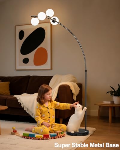 Image of Lightdot Black Arc Floor Lamp for Living Room, 4 Globe Floor Lamp with Shatterproof Shade& Mable Base, Mid Century Modern Tall Standing Lamp for Bedroom /Sofa Beside /Corner Decor(Bulbs Included)