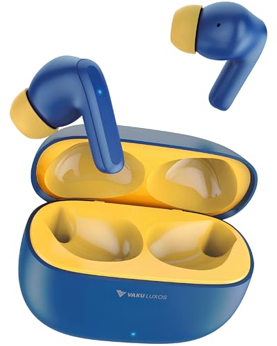 Image of Vaku Luxos SONAIR TWS Bluetooth 5.4 Earbuds | 60H Playtime | Touch Controls | Type-C Fast Charging | 10mm Driver | Voice Assistant | Deep Bass Wireless Earbuds with Charging Case- Blue /Yellow