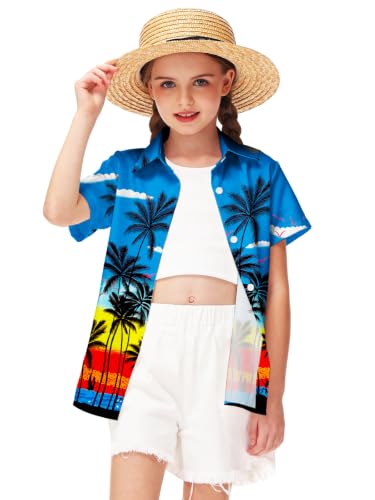 Image of Remimi Unisex Kids 4th of July Button Up Shirt Boys American Flag Print Hawaiian Beach Short Sleeve Tops 5-14 Years