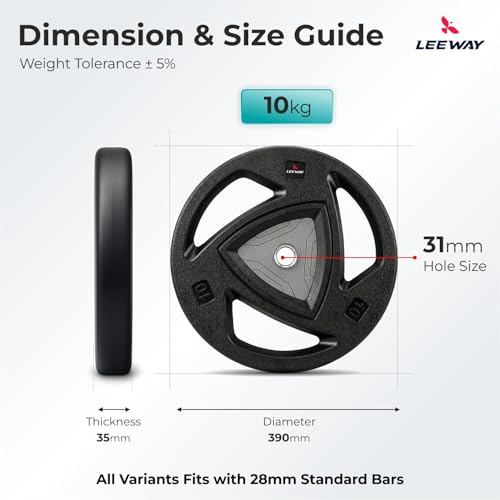 Image of LEEWAY Rubber Coated Gym Weight Plates (10kg x 2) | 31mm Hole | Tri Grip Design for Home Gym Strength Training | Barbell & Dumbbell Compatible | Low Noise Floor Safe Plates (Black, 10kg Pair)