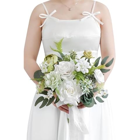 Koroni Flowers 11 Inch Artificial Bridal Bouquet, Wedding Bride Bridesmaid Tossing Bouquets Flower for Wedding Ceremony Anniversary, Bridal Shower and Home Party Decoration (White) Cover