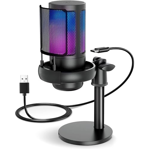 vantisan Gaming Microphone, USB Gaming Mic for PC Streaming Podcasts Video, Condenser Microphone with RGB Lights, Quick Mute, Stand&Filter, Gain Button and Monitoring Jack
