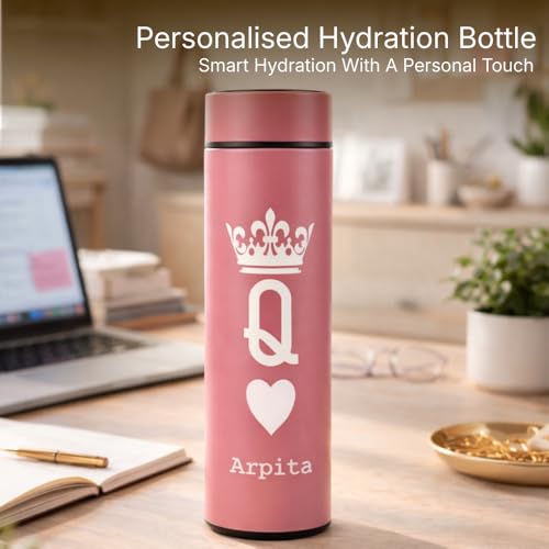 Image of fnp LED Temperature Custom Name Bottle | Personalised Water Bottle with Smart Temperature Display | Suitable for Office, School, Travel, Gifting & Daily Use (Queen Pink)