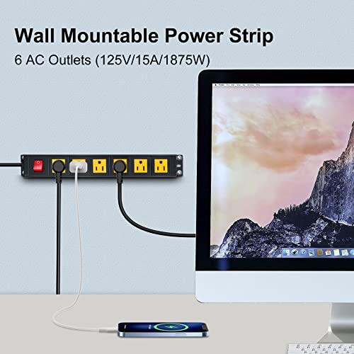 6 Outlet Metal Power Strip,Heavy Duty Wide Spaced Power Strip,Wall Mount Power Strip For Home Office Garage Workbench,6Ft Extension Cord,Yellow #TOP2