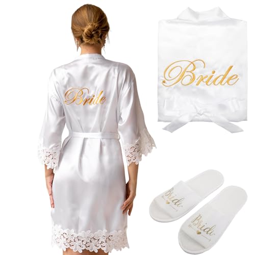 AXERHK Bride Peignoir pour femme - Col en V - En satin - Avec chaussons - Pour mariage - Décoration de fête JGA
