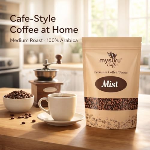 Image of MYSURU COFFEE Premium Whole Roasted Beans [250g - MIST] | Pure Arabica - 100% | Cafe Blend Medium Roast Fresh Single Origin Coffee