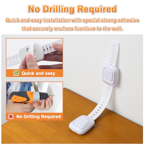 No Drill Furniture Anchors for Baby Proofing, Anti-Tip Furniture Straps, Wall Anchors for Securing Furniture, Safety Anchors for Toddlers, Earthquake Straps (4 Pack)
