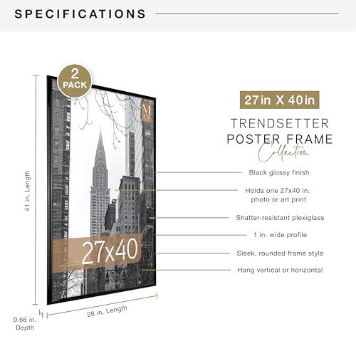 MCS Trendsetter Movie Poster Frame 27x40 Black High-Gloss, Vertical & Horizontal Wall Hanging Large Picture Frame for Photos, Artwork & Custom Posters (2-Pack)