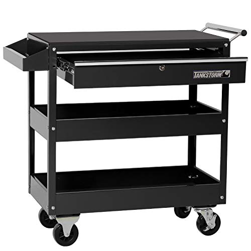 TANKSTORM Service Tool Cart with Drawer 3-Tire Rolling, Industrial Commercial Service Cart Black Professional (TQ312)