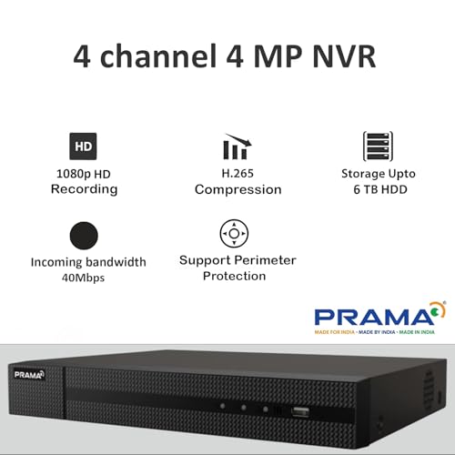 Image of PRAMA PT-NR1A04-Q1 4 Channel 4MP Network Video Recorder with H.265+ Compression, Full HD HDMI & VGA Output, Smart Detection Features,1 SATA Port Supports HDD up to 6TB.