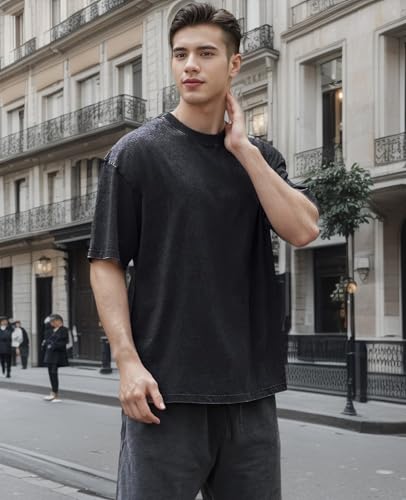 Image of Men's Oversized T-Shirts Cotton Unisex Short Sleeves Casual Loose Wash Solid Basic Tee Tops