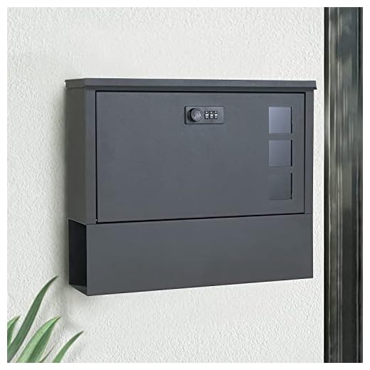 MAITTON Briefkasten mit Zahlenschloss – Schwarz Wandbriefkasten mit Zeitungsfach aus Edelstahl, Modern Postkasten mit Sichtfenster Abschließbar