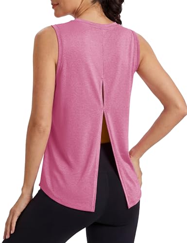 Image of MAGCOMSEN Workout Tank Tops Woman Summer Open Back Yoga Athletic Shirts Sleeveless Tie Back Loose Fit Gym Muscle Tank