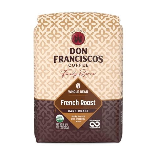 Image of Don Francisco's Organic French Roast Whole Bean, Dark Roast, 18 OZ Bag | Ideal for French Press, Pour Over & Drip Coffee Maker, Whole Bean for Fresh Grinding, Grind to Your Preferred Brew