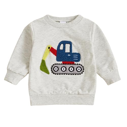 Toddler Boys Sweatshirts Crewneck Excavator/Truck Embroidery Long Sleeve Pullover Tops Cartoon Tees 3M-3Y