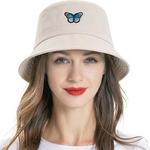 Product Image of the ZLYC Cotton Bucket Hats for Women Men Embroidered Packable Beach Hat Summer Travel Sun Cap for Daily Commute (Butterfly Beige)