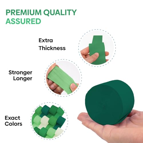 Image of 12 Green & White Crepe Paper Streamers, 984ft Pack of Party Decorations | Each roll is 82 ft long and 1.8 Inch wide ideal for Birthday Party Decor, Graduation Parties and St.Patrick's Day