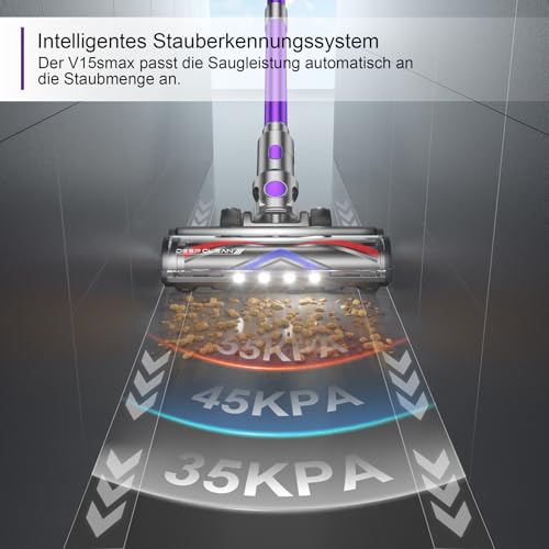 Vistefly V15s Max Akku Staubsauger Kabellos 55000Pa 75 Minuten, 580W Kabelloser AkkuStaubsauger mit Touchscreen 8 in 1 Staub Automatisch Erkennen für Tierhaare Hartböden Teppich