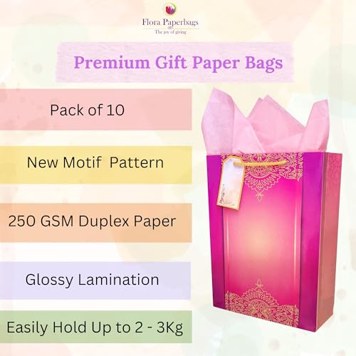 Image of Flora Paperbags Gift Bags -Wedding Paper Bags For Return Gifts|Pink Gift Bag |Paper Gift Bag |Medium Carry Bags For Gifting |Pack Of 10 |Size 12X9X3.5 Inches