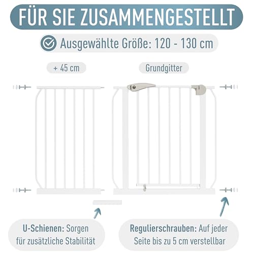 IB STYLE Türschutzgitter Berrin 120-130 cm, Treppenschutzgitter für Kinder, Absperrgitter für Hunde, Ohne Bohren, Weiß Grau