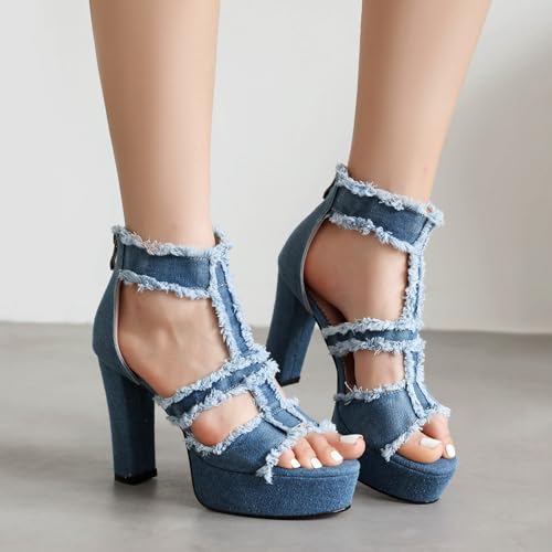 Roimaash Fashion Open Toe Booties for Women Platform Denim Heels4