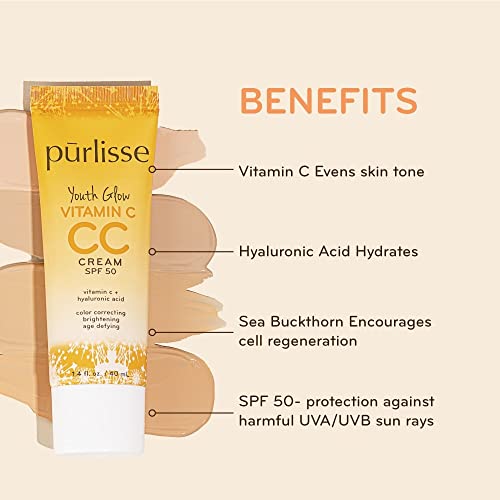 Purlisse Youth Glow Vitamin C Cc Cream Spf 50: Cruelty-Free & Clean, Paraben & Sulfate-Free, Full Coverage, Hydrates With Hyaluronic Acid | Light Medium 1.4Oz #TOP2