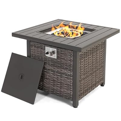 Nuu Garden Outdoor 30" 50,000 BTU Propane Gas Fire Pit Table, Square Gas Fire Pit Table with Glass Beads and Lid, Hand-Woven Wicker, CSA Certification, for Garden, Patio, Brown