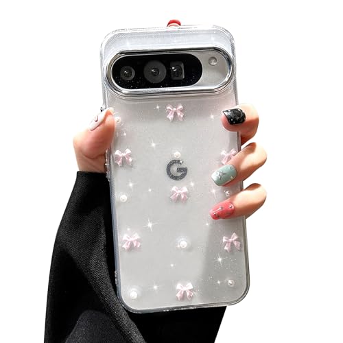 Coque Google Pixel 9 Pro XL transparente avec motif nœud papillon rose 3D