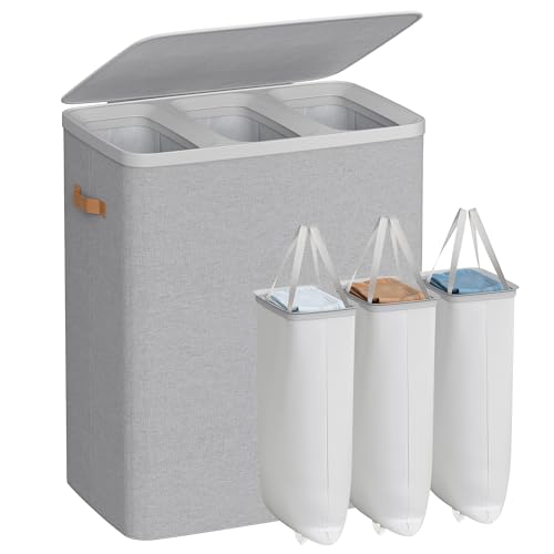 Image of SONGMICS Laundry Basket, 50.2 Gal. Laundry Hamper, 3 Compartments, Easy Assembly, with Lid and Handles, Removable Liners, 25.2 x 15.7 x 29.5 Inches, Dove Gray ULCB814GD01