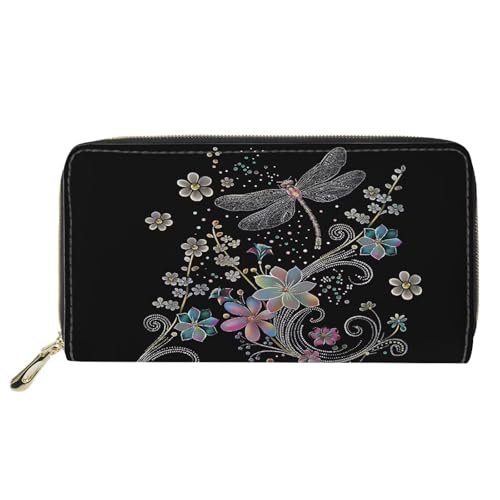 Womens Wallet Dragonfly Long Clutch Large Capacity Purse Billfold Wallet PU Leather Clutch Bag, Flower Black
