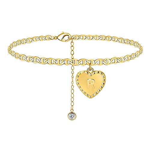 VANGETIMI Dainty Heart Letter R Charm Chain Ankle Bracelets Layered Mariner Foot Chain Handmade Summer Beach Cute Boho Gold Initial Alphabet Anklet Bracelets Jewelry for Women Girls