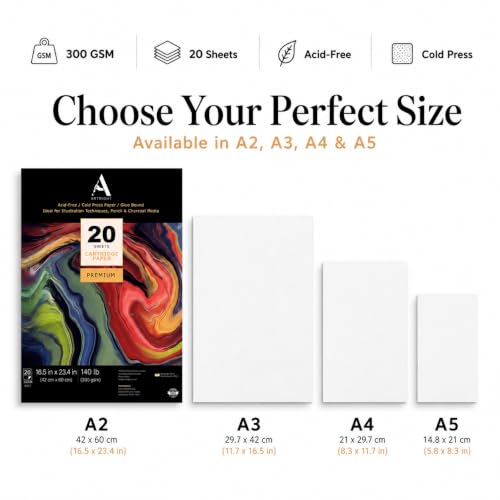 Image of ArtRight Mixed Media Cartridge Paper A2 300 GSM - 20 Drawing Sheets for Artists, Ideal for Charcoal, Graphite, Acrylic, Watercolor, Gouache, Ink, & Other Mixed Media