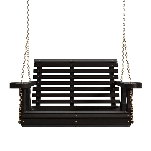 Image of Amish Casual Heavy Duty 700 Lb Capacity Porch Swing (3 Foot, Semi-Solid Black Stain) - Wooden Outdoor Roll Back Swing with Hanging Chains - Amish Made in the USA