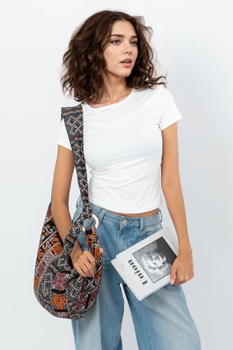 Image of Hobo Crossbody Bag for Women - Handmade Cotton Boho Purse with Wooden Ring | Lightweight Slouchy Shoulder Sling Tote Bag
