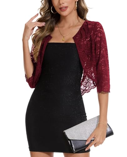 Image of MINTLIMIT Women's Elegant Floral Lace Shrug Bolero Summer Lightweight 3 /4 Sleeve Hook Open Front Cropped Cardigan for Dresses