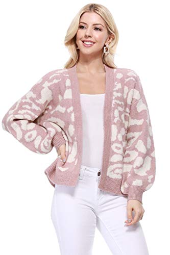 YEMAK Women's Chunky Leopard Print Open Front Long Sleeve Jacket Sweater Cardigan HK8254LEO (S/M-M/L)