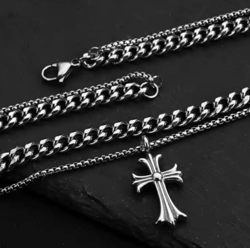 Chrome, Y2k, Necklace 304 Men's Silver Opium Stainless Steel Cross Layered Cuban Link Chain Necklace2