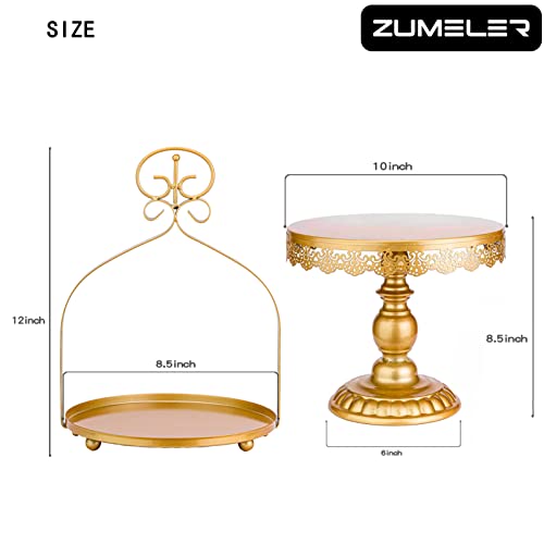Zumeler 2Pcs Gold Cake Stands Set Metal Round Cupcake Dessert Holder Cookies Display Plate Service Decorating Tray Platter With Handle For Baby Shower Wedding Birthday Party #TOP1