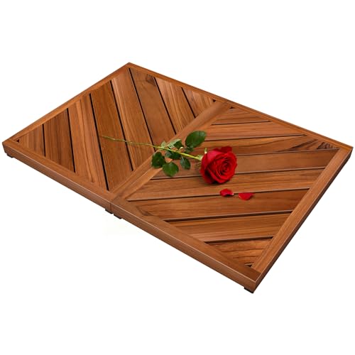 Teak Wood Bath Mat for Bathroom - (24.4' x 16.5') Non Slip Wooden Shower Mat Floor Sturdy Mats for...