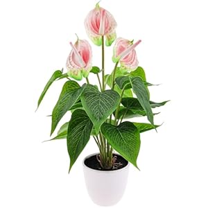 Folmywy Artificial Flower Plants 38cm Faux Simulation Anthurium Pink in Plastic Pot Realistic Fake Green Leaves Flowers Bonsai Table Centerpieces Shelf Decor Outdoor Garden