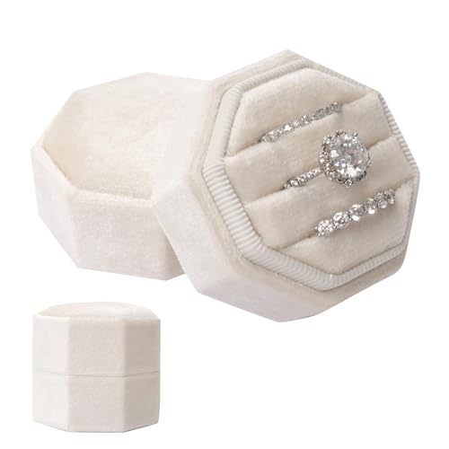 DIELOVEHUA Caja Anillo, Caja de Anillos de Terciopelo, Joyero para Anillo de Compromiso, Ring Box, para 3 Anillos, para Propuesta, Ceremonia, Aniversario, San Valentín (Beige)