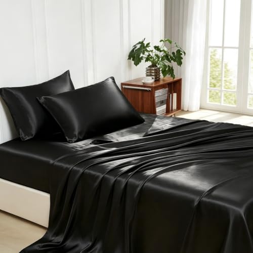 Silk like Satin Sheets, Queen Size Bed Sheet Set, Black, 4 Piece