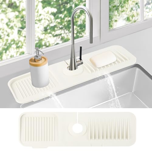 Dolic Alfombrilla para Grifo de Fregadero de Cocina, Protector contra Salpicaduras de Silicona con Secado rápido y Soporte para Esponja y jabón para Platos (Blanco, 17.6x 5.5)