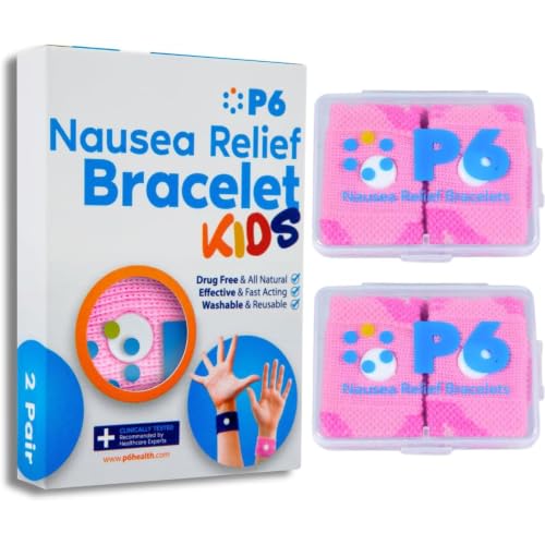 Image of P6 Motion Sickness Bands for Kids Children's Wristbands for Anti Nausea Sea Cruise Travel Car Sickness All-Natural Non Drowsy Relief Acupressure Treatment (2 Pack, Pink - Pink)